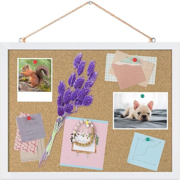 FEBSNOW Cork Board Bulletin Board 15.7 x 12 Inches with Rectangle White Frame Hanging Pin for Office Home Message Board or Vision Board Decoration